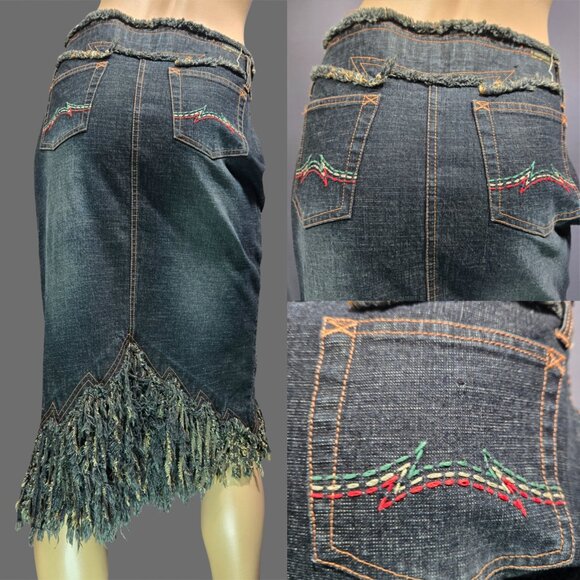 Vintage Parasuco Fringed Denim Midi Skirt Size S Dark Wash Grunge Festival - Picture 7 of 10